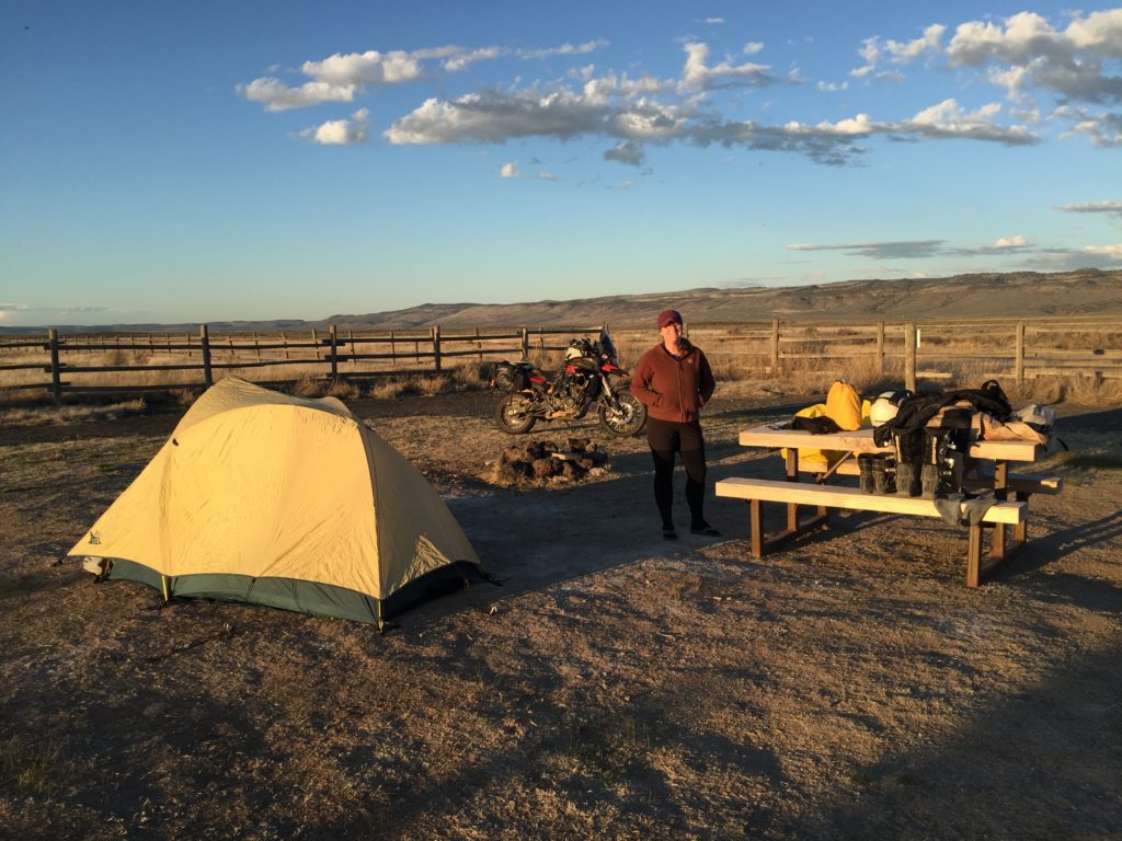 Motorcycle camping set up at Cyrstal Crane Hot Springs