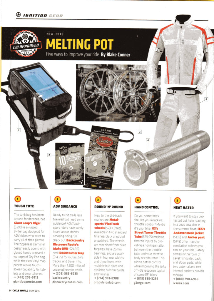 Kiger Tank Bag in Cycle World Magazine's May 2015 issue!