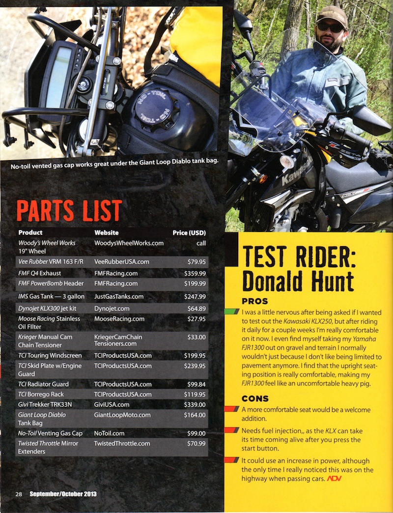 ADV Moto magazine Diablo Tank Bag in Kawasaki KLX250 adventure project bike
