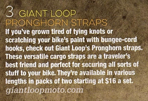 Motorcyclist Magazine features Giant Loop Pronghorn Straps in Summer Travel Gear showcase