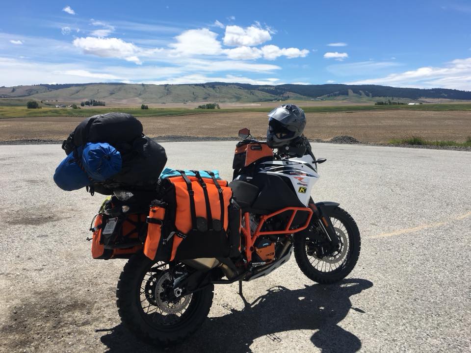 Two-up motorcycle camping on KTM Adventure with Giant Loop's Round The World Panniers, GL Pannier Mounts + Fandango Pro Tank Bag